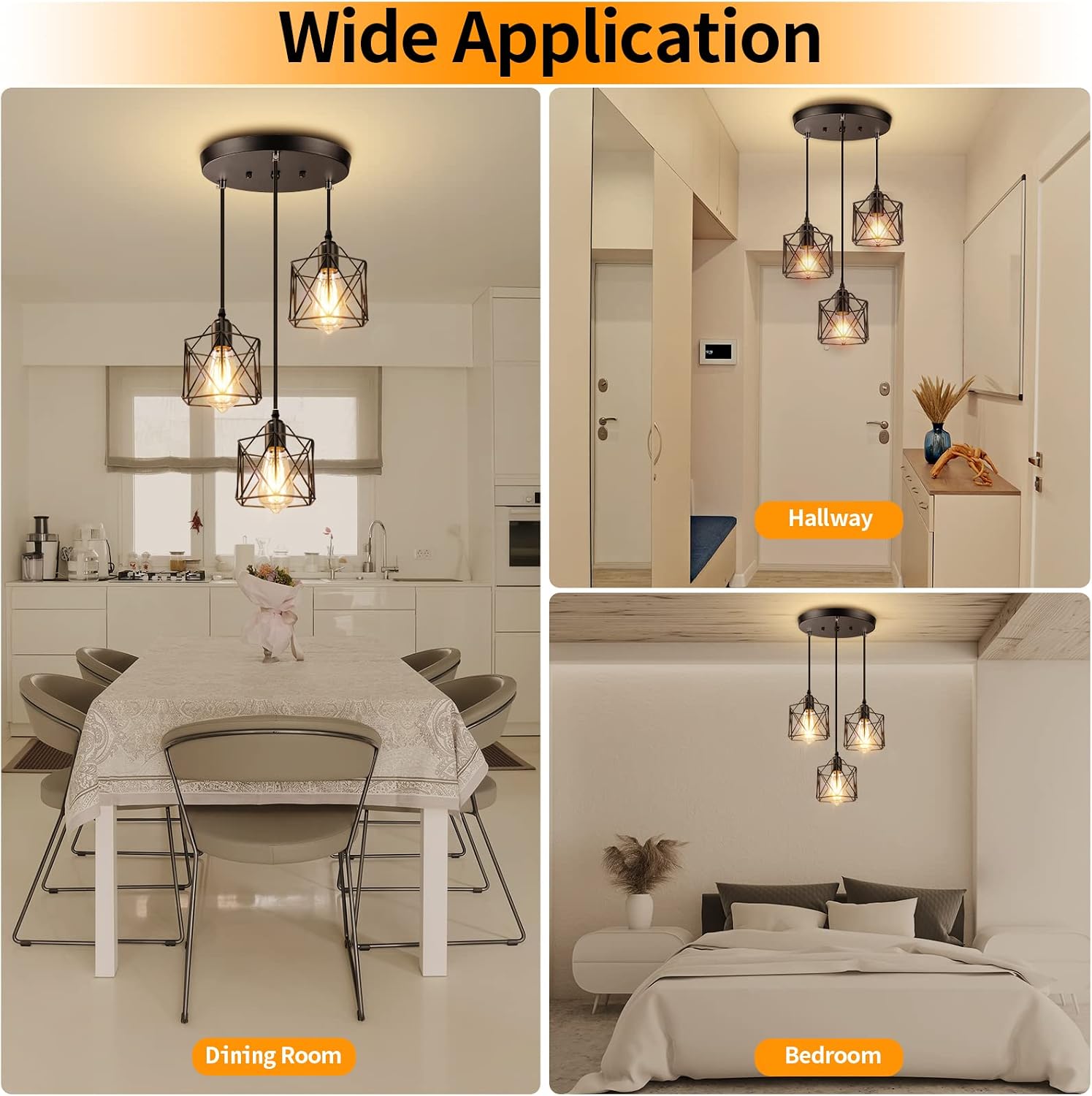 Licperron Industrial 3-Light Pendant Light, Adjustable Kitchen Hanging Ceiling Light Fixtures with Metal Cage, Black Farmhouse Pendant Lighting for Kitchen Island Dining Room Hallway, E26 Base