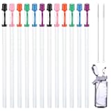 24 Pack Flexible Straws with Drinking Caps Long Flexible Plastic Bendable Reusable Straws with 2 Cleaning Brushes for Jumbo Mugs Water Bottle(15 Inch,Assorted Colors)