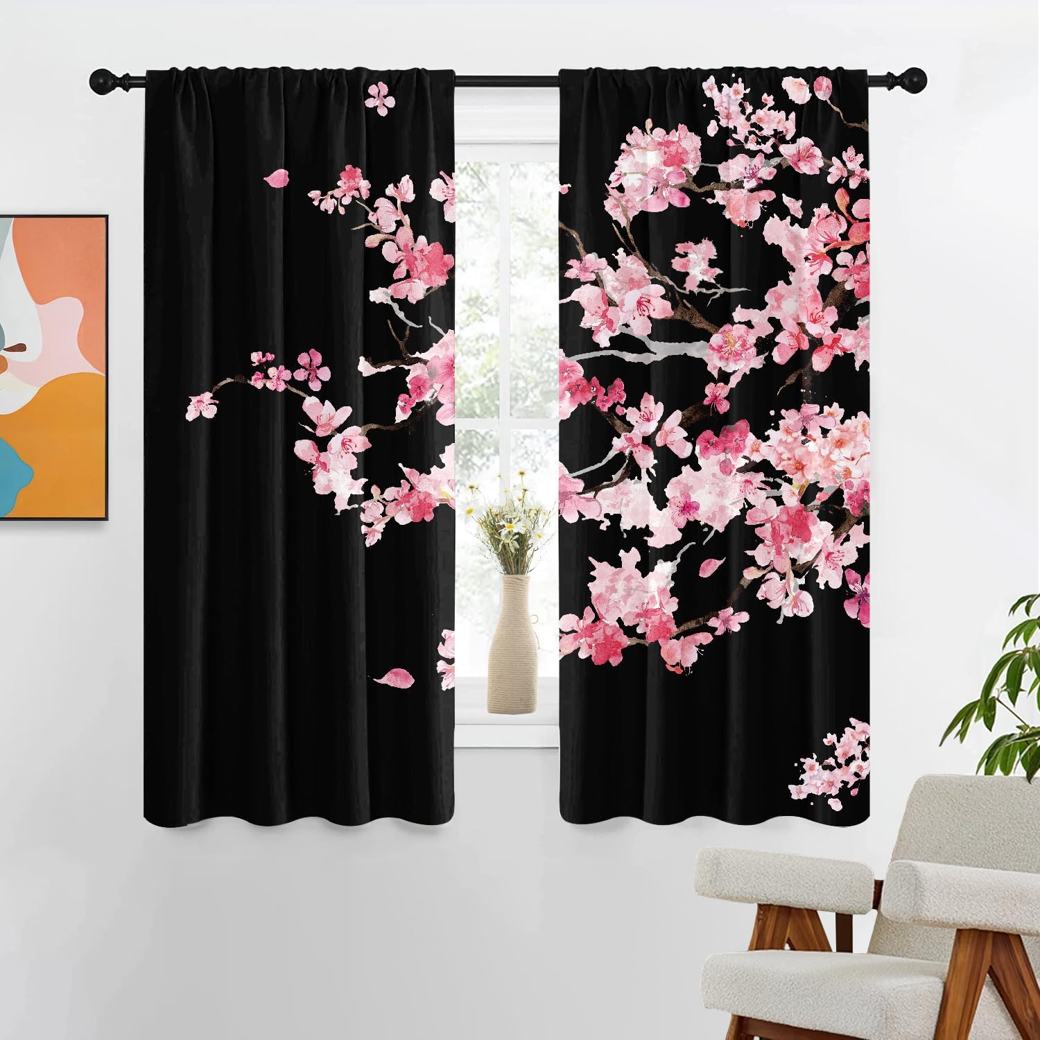 Floral Curtains, Japanese, 2 Panels, 42" W x 63" L, Rod Pocket