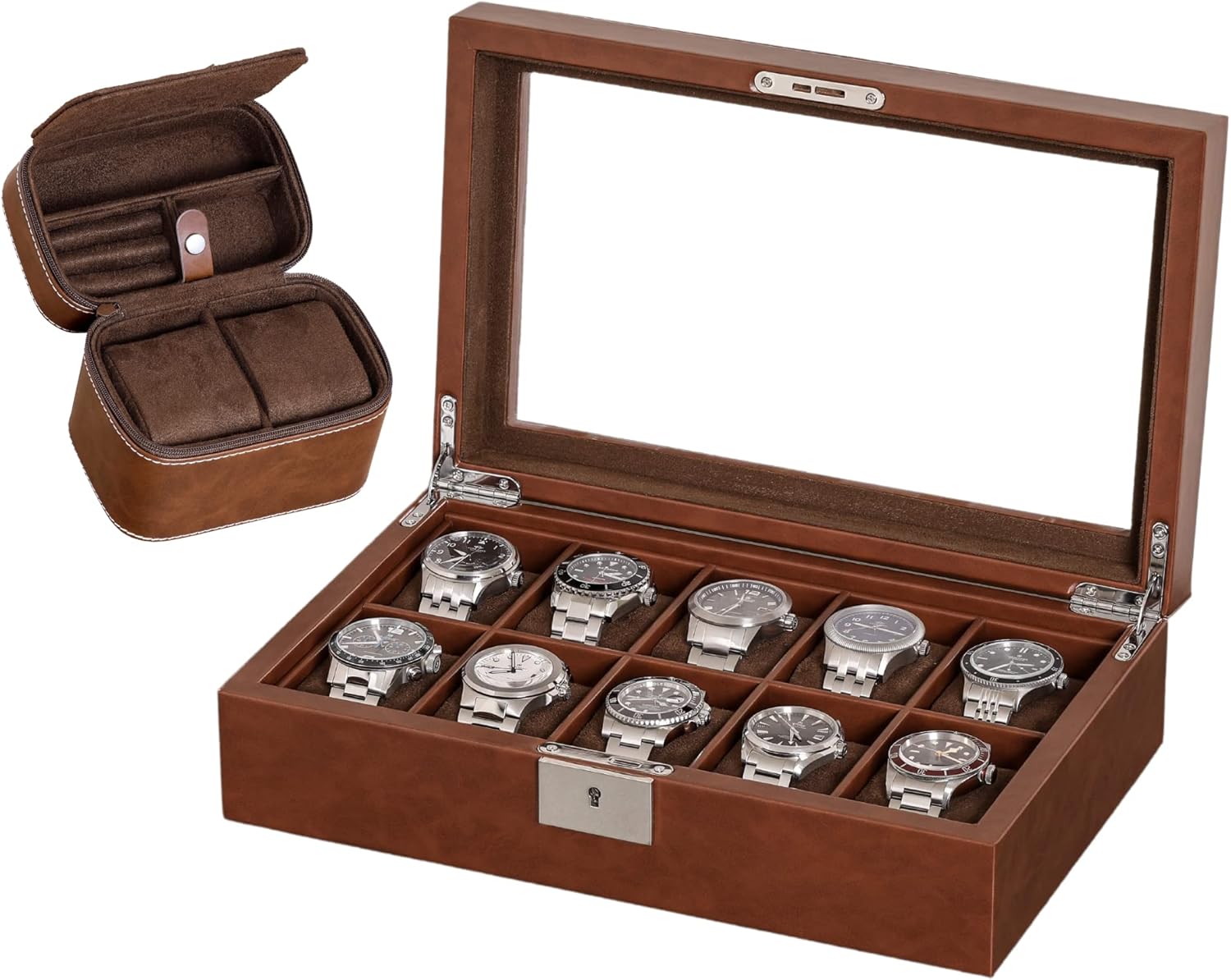 ROTHWELL Gift Set 10 Slot Leather Watch Box & Matching 2 Watch Travel Case - Luxury Case Display Organizer, Locking Mens Jewelry Watches Holder, Men's Storage Boxes Glass Top Tan/Brown
