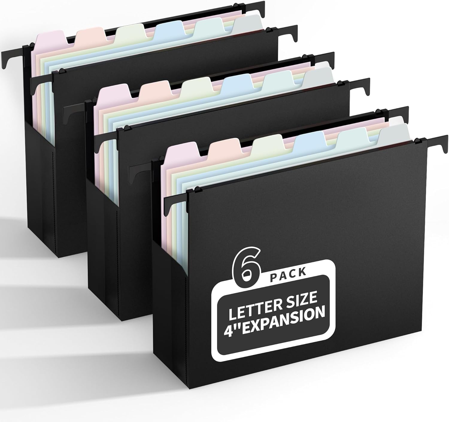 Uquelic Plastic Hanging File Folders Letter Size, 6 Pack Reinforced Heavy Duty Hang Folder with Movable Pastel Dividers, Adjustable Tabs, 4" File Organizer for Filing Cabinet, School, Office