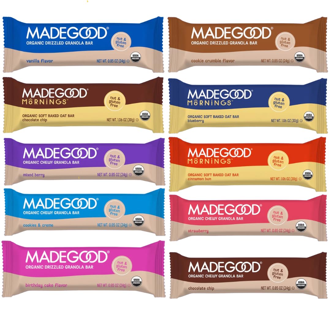 Made Good All-Style Assorted 20 Pack Bars– Mornings, Drizzled & Granola Bars – Chocolate Chip, Blueberry, Cinnamon Bun, Birthday, Cookie, Vanilla, Mixed Berry, Cookie Crème, Strawberry, Choc Chip