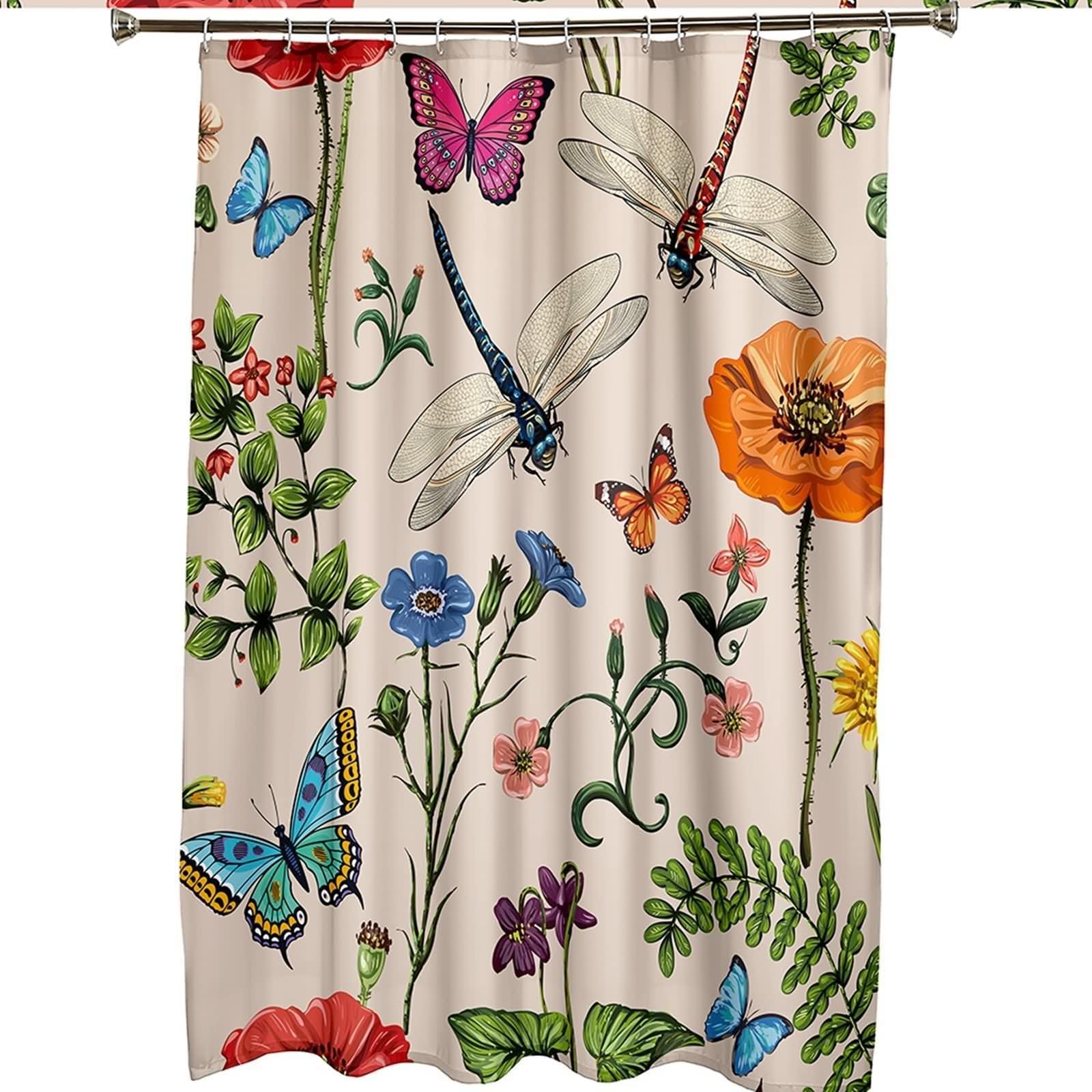 Duschvorhang Textil 240x200 cm Bunt, Blumen Schmetterling Libelle Muster Bad Vorhänge Polyester Waschbar Textil Stoff Bad Vorhang 2,4 x 2m Lang(BxH) inklusive Duschvorhangringen