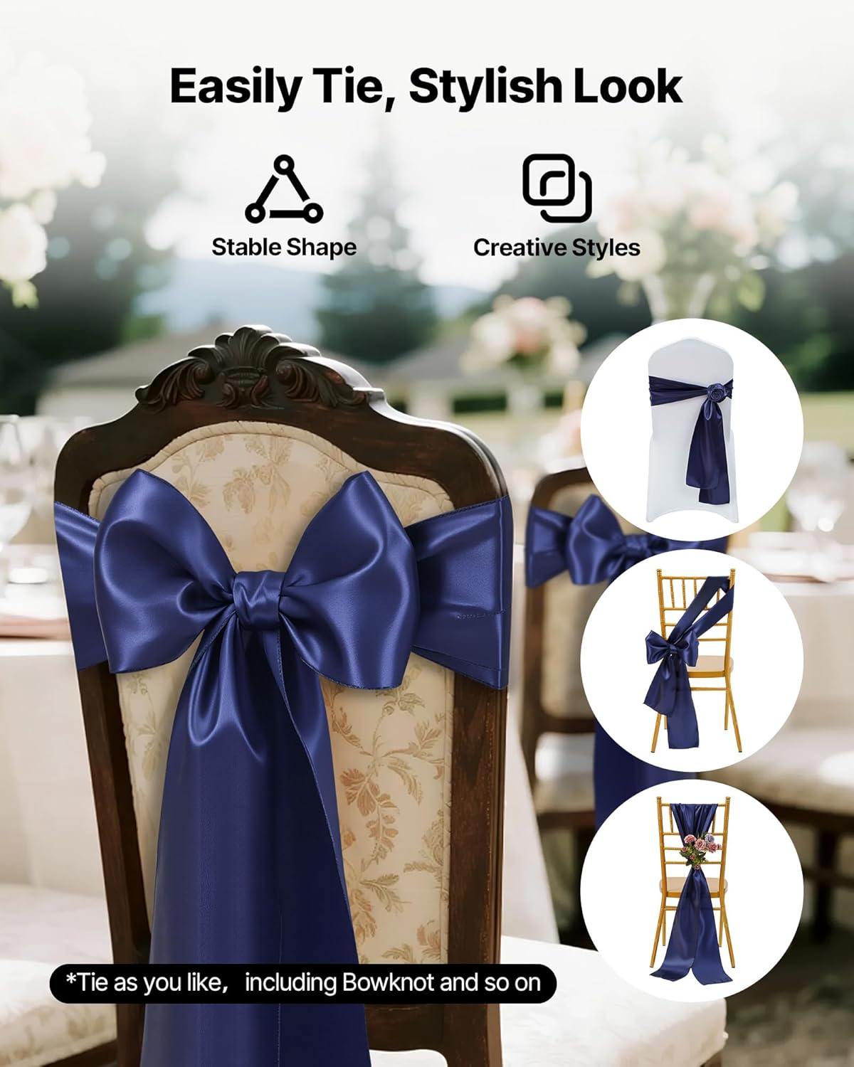 VEVOR Satin Chair Sashes Bows, Chair Ribbon Ties Back Sash, 7 x 108 inch, Wedding Reception Decoration, for Wedding Ceremony Baby Shower Party Events Banquet Cover Decoration (Navy Blue, 50pcs)