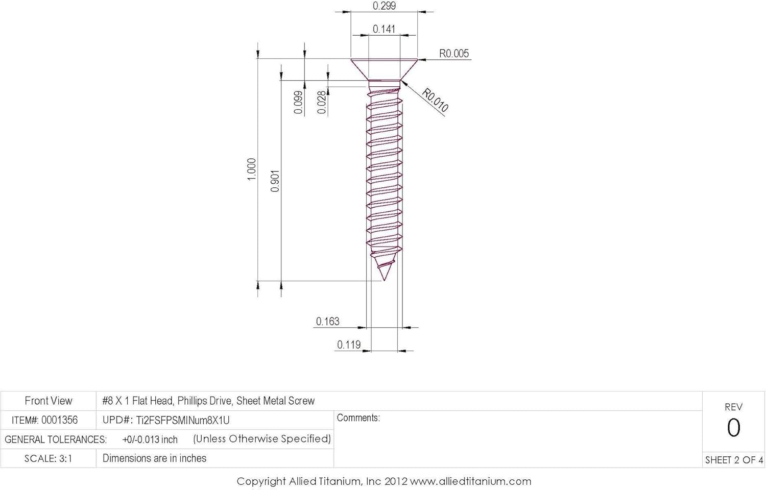 0001356, (Pack of 25) #8 X 1 Flat Head, Phillips Drive, Titanium Sheet Metal Screw, Grade 2 (CP)