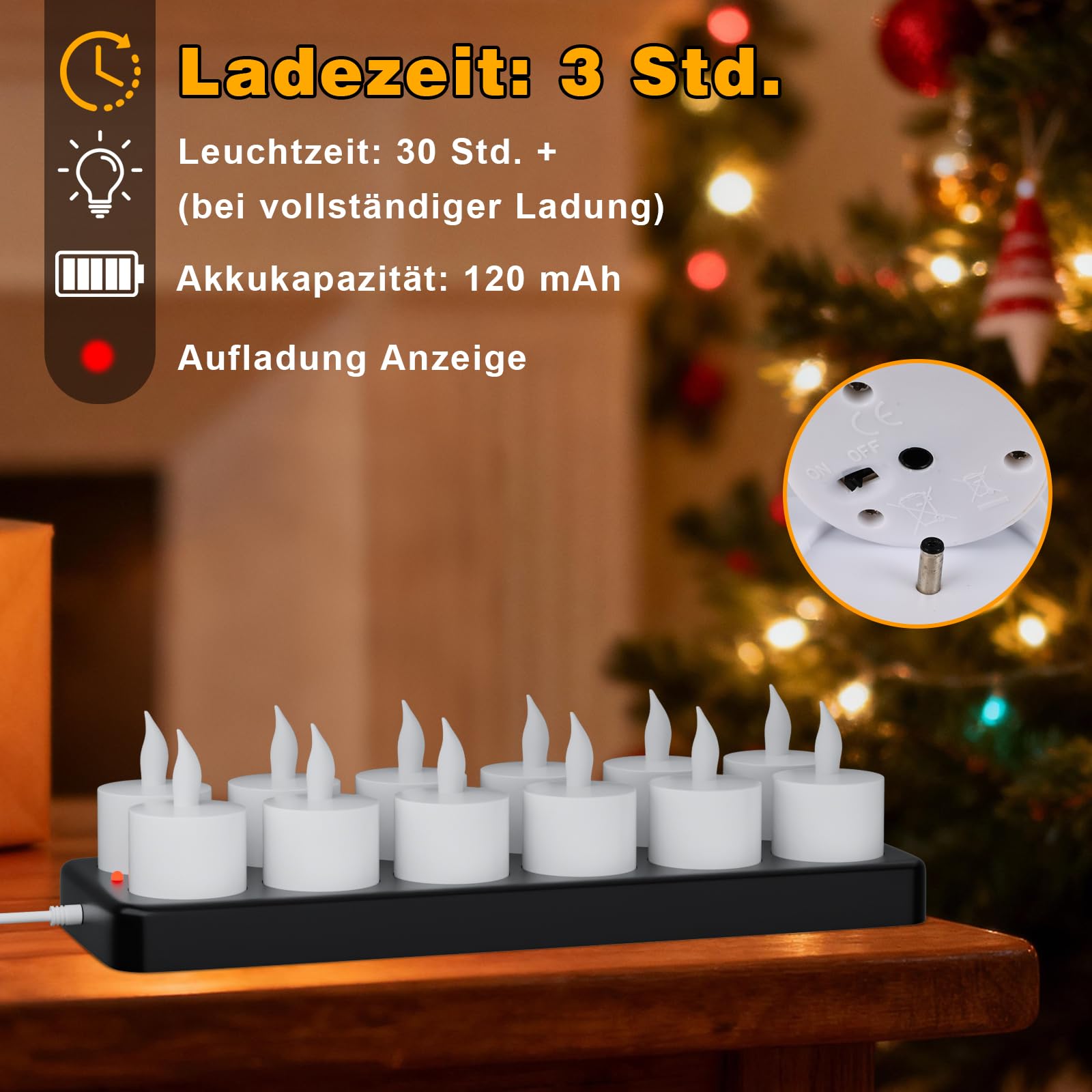 Velas de té recargables con función de temporizador y estación de carga, 12 velas LED recargables, parpadeantes, con mando a distancia, temporizador para habitaciones, salón, Halloween, Navidad