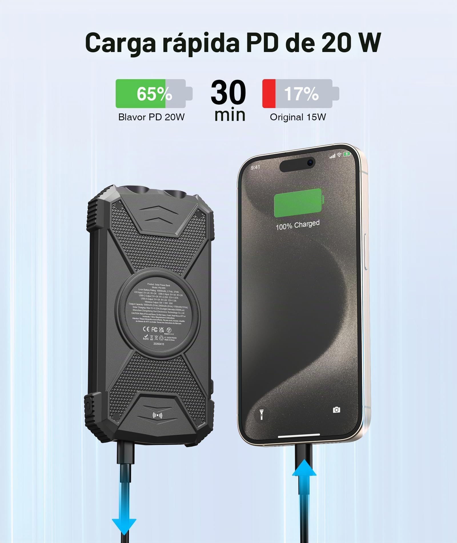 Solar Power Bank Cargador Solar 10000mAh, Banco de energía USB C portátil con Panel Solar Qi Carga rápida inalámbrica Batería de Camping Cargadores solares para teléfono móvil