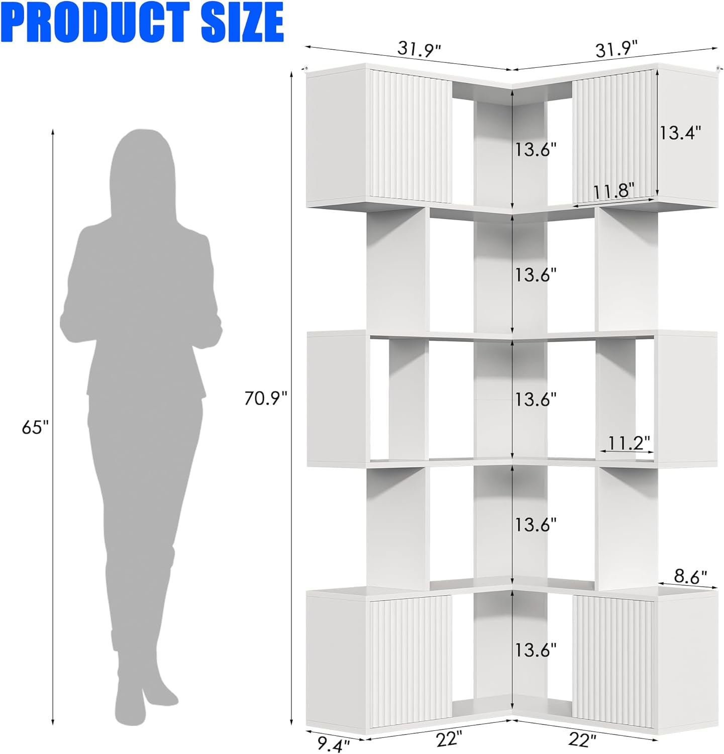 6 Tiers Corner Bookshelf, 71" Display Storage Bookcase, L-Shaped Cube Bookshelf, Modern Display Shelf Standing Unit, Curio Display Bookshelf for Living Room/Home Office/Bedroom, White