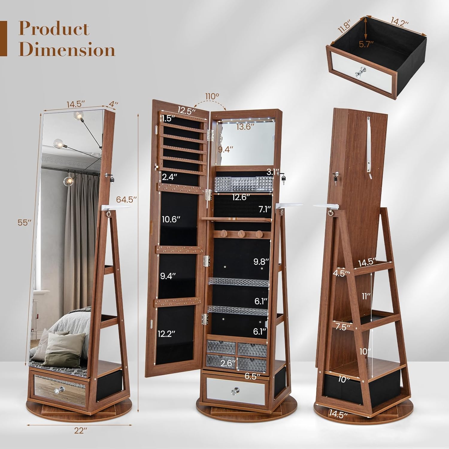 LOKO 360° Swivel Jewelry Cabinet with Full-Length Mirror, Lockable Jewelry Armoire with Hair Dryer Rack & Rear Storage Shelves, Floor Standing Jewelry Organizer with 6 LED Lights (Walnut)