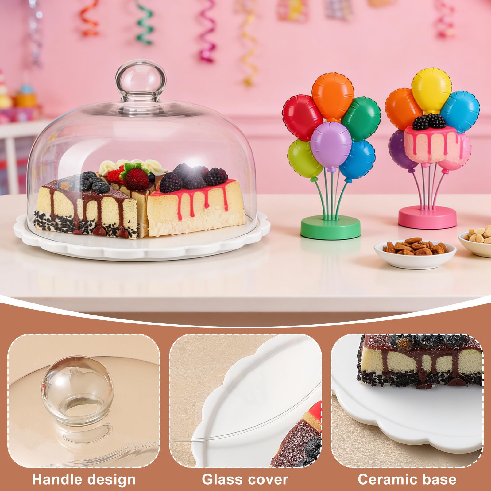 Cubierta Fácil de Limpiar de Exhibición de Pasteles de Vidrio y Cerámica de Color Blanco, Material Seguro para Alimentos Adecuado para Cocina y Presentación de Postres