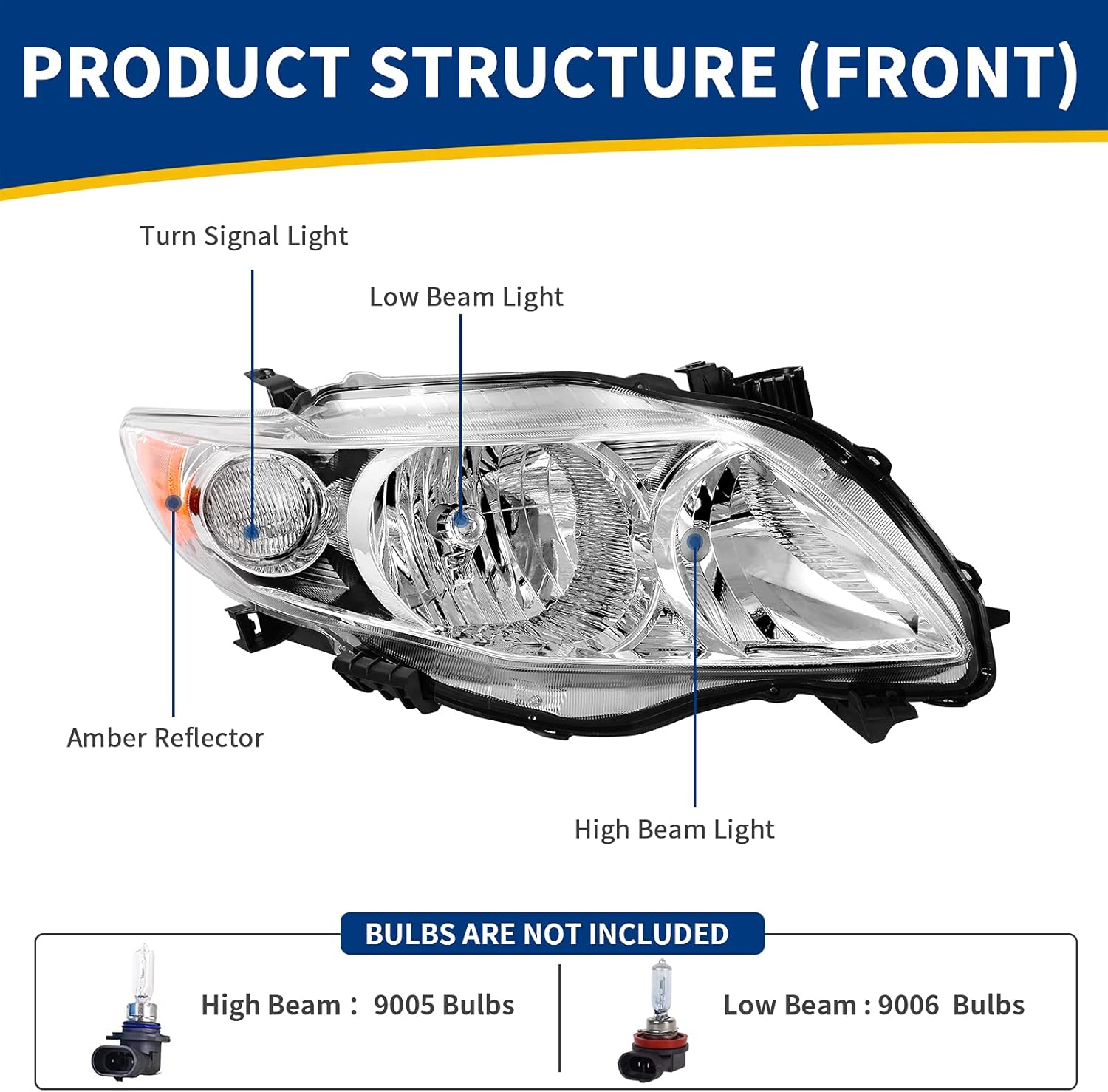 AUTOSAVER88 Headlight Assembly Compatible with 2009 2010 Corolla 09 10 Corolla Base/LE/XLE Headlamp Replacement Chrome Housing Amber Reflector Clear Lens