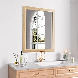 Amorho Bathroom Mirror, 24x30 Inch Wall Mirror, Oak Wood Grain Metal Framed, Anti-Rust, Hang Horizontally/Vertically, Suitable for Bedroom, Farmhouse, Bathroom, Decorative