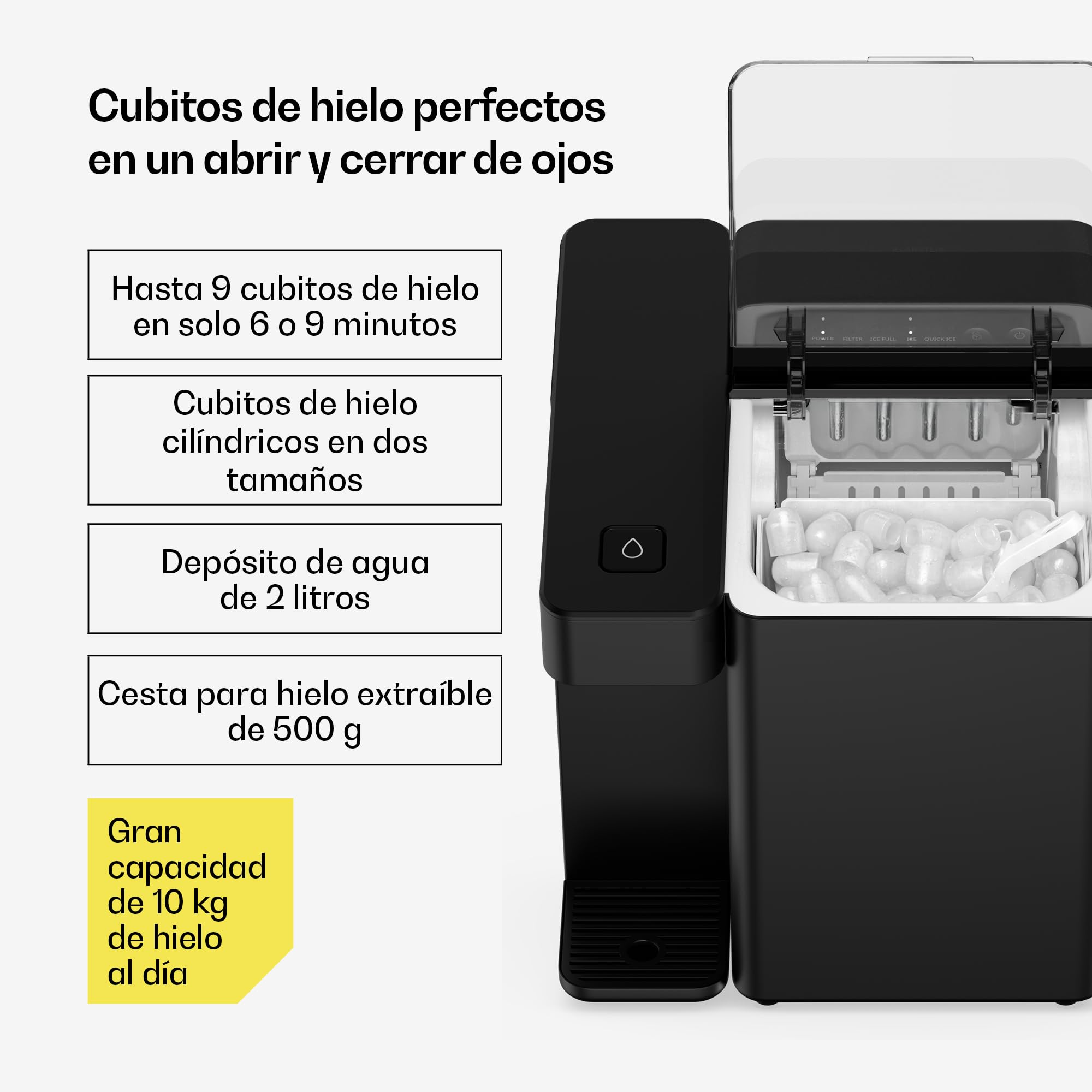 KLARSTEIN Velaire Maquina de Hielo & Dispensador de Agua - Filtro Pac, 2 Tamaños de Cubitos, 2L, 10kg/24h, Panel Táctil, Alarma, Fácil Uso, Maquina de Hacer Hielo para Casa