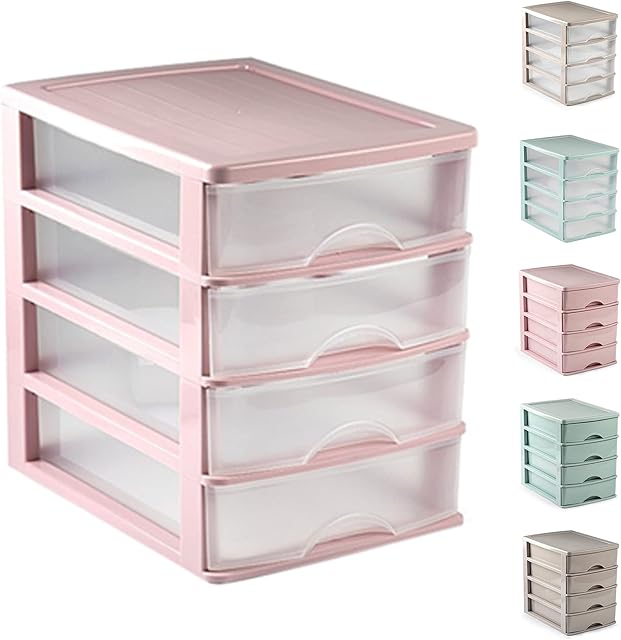 Plastic Desktop Storage Unit with Drawers, Stationary Arts Drawer Desktop Tabletop Organiser Storage Tower Unit for Office Bedroom Garage ((35.5 x 27 x 35cm, Pink with 4 Clear Drawers))