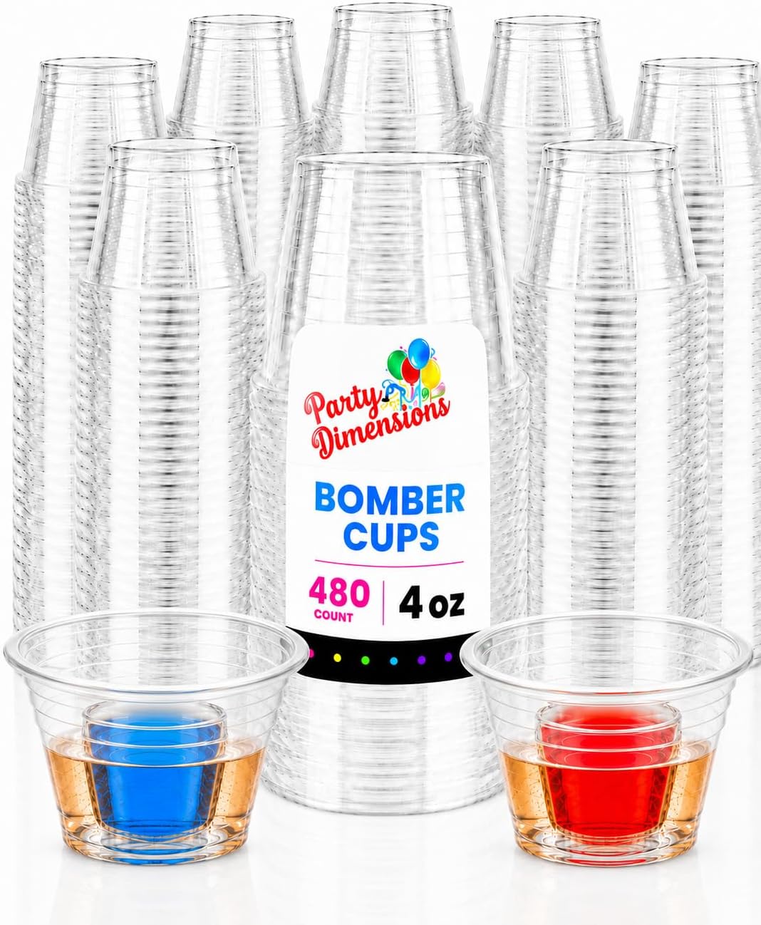 Party Dimensions 20 Pack Disposable Bomber Cups, 4 oz BPA-Free Assorted Colors Plastic Jager Bomb Shot Glasses, Dual Chamber Cups for Bomb Shots, Vegas Bombs, Cherry Bombs, Bars & Parties
