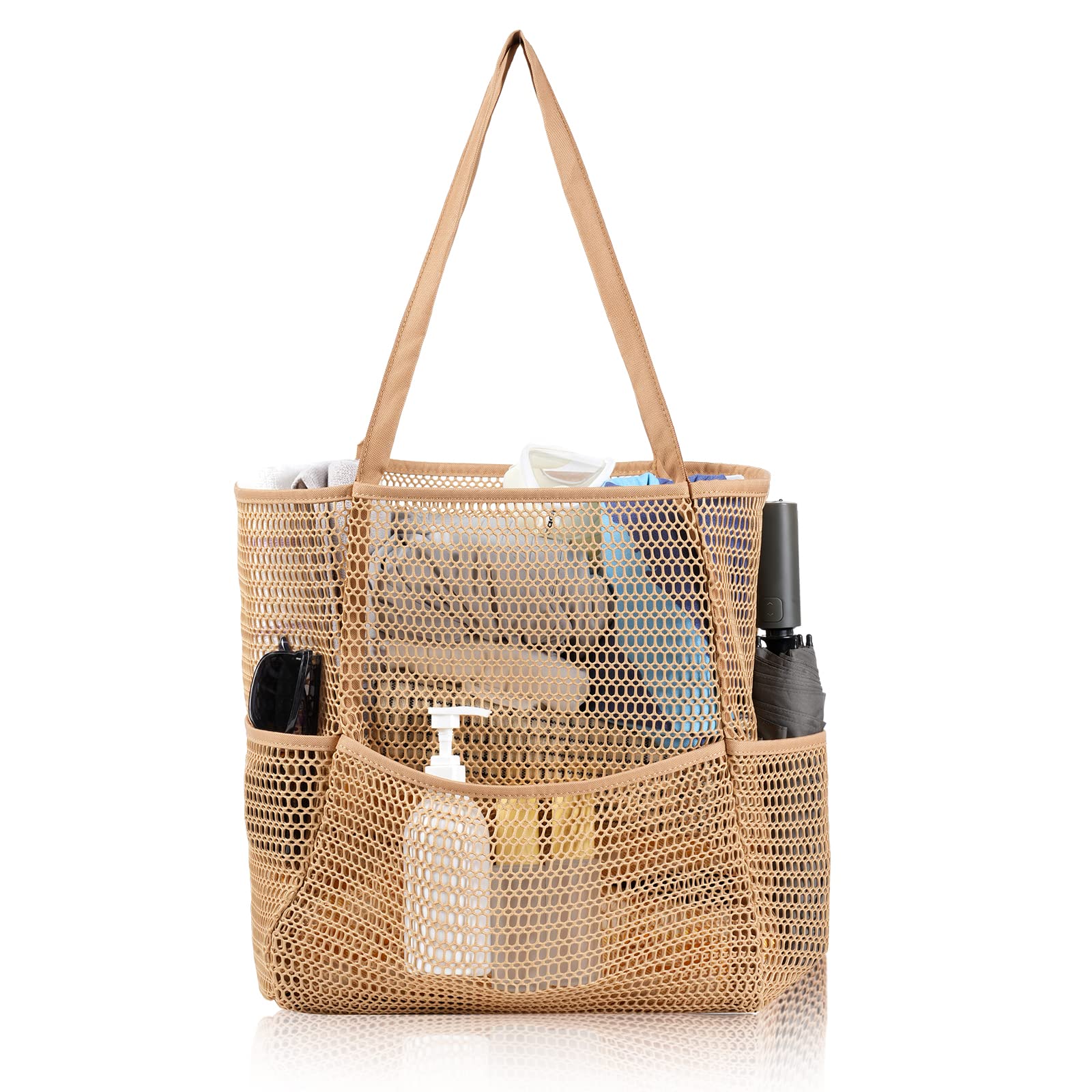 Borsa da Spiaggia Pieghevole in Rete Grande, Donna, Tasche Multiple e Cerniera, per Viaggi Picnic