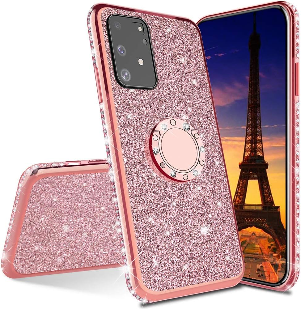 EMAXELER Samsung Galaxy A71 Case Bing Glitter Diamond Shiny Luxury Plating TPU 360 Degree Ring Stand Bumper Silicone Protective Case Cover for Samsung Galaxy A71 - Rose Gold Glitter KDL