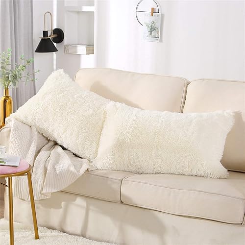 Miniatura 7 de MOOWOO Juego de 2 fundas de almohada mullidas de tamaño estándar, de piel sintética, fundas decorativas de sherpa con cremallera (azul)