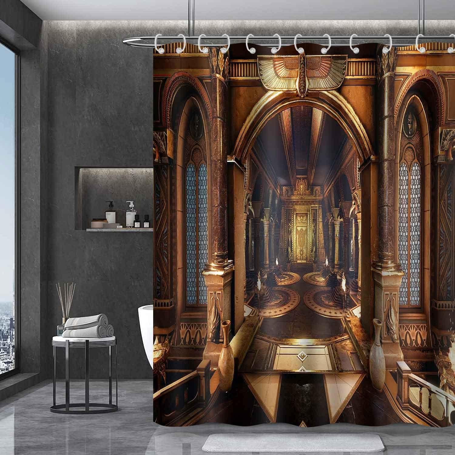 Ancient Egypt Shower Curtain Egyptian Temple Hypostyle Hall Golden Palace Throne Room Hallway Style Dressing Room Wardrobe Privacy Divider Bathing Curtains 72x72 Inch