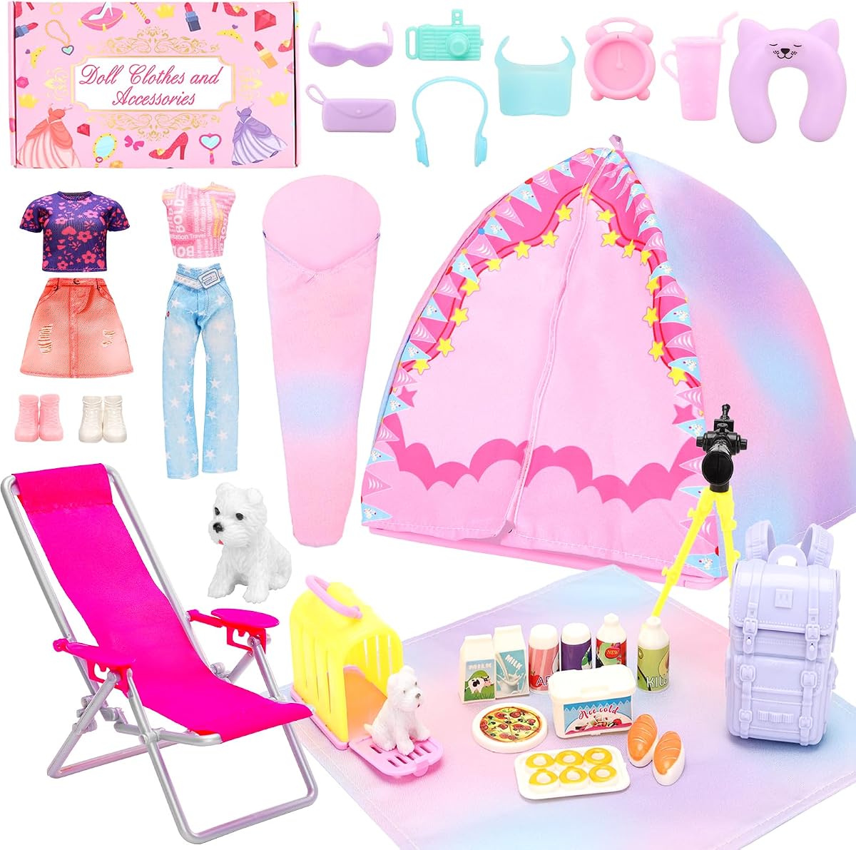 34 PIEZAS Juego de ropa y accesorios de tienda de campaña de viaje para muñecas de 11,5 pulgadas | Ropa, comida, telescopio, tienda de campaña, saco de dormir, mochila, silla, zapatos y otros accesorios de campamento para muñeca de niña de 11,5 pulgadas