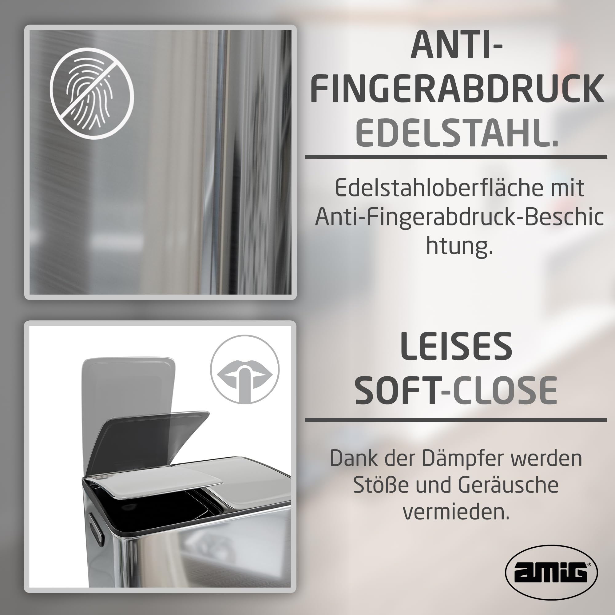 Amig - Doppelte Recycling-Mülleimer mit Pedalen Mod. RECIK EVO 40 L - 2 separate Behälter mit je 20 L - 2x20L - Edelstahl - 45 x 30 x 52 cm - Silber