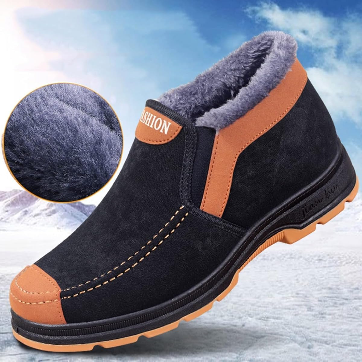 Mens Slip on Snow Boots,Men's Winter Thermal Fur Lined Snow Ankle Boots, Lightweight Non-Slip Snow Cotton Shoes,Lightweight Casual Walking Loafers for Middle-Aged and Elderly