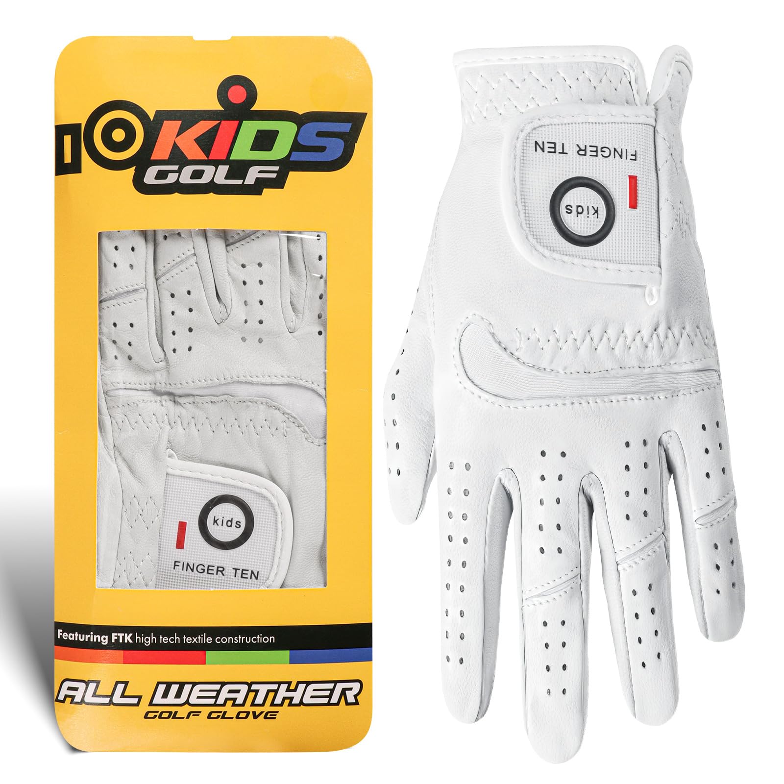 FINGER TEN Kids Golf Gloves Cabretta Leather Right or Left Hand 1 Pack，All-Weather Breathable & Comforable Golf Gloves with Elastic Wrist for Youth Junior Boys and Girls (White, S, Left)