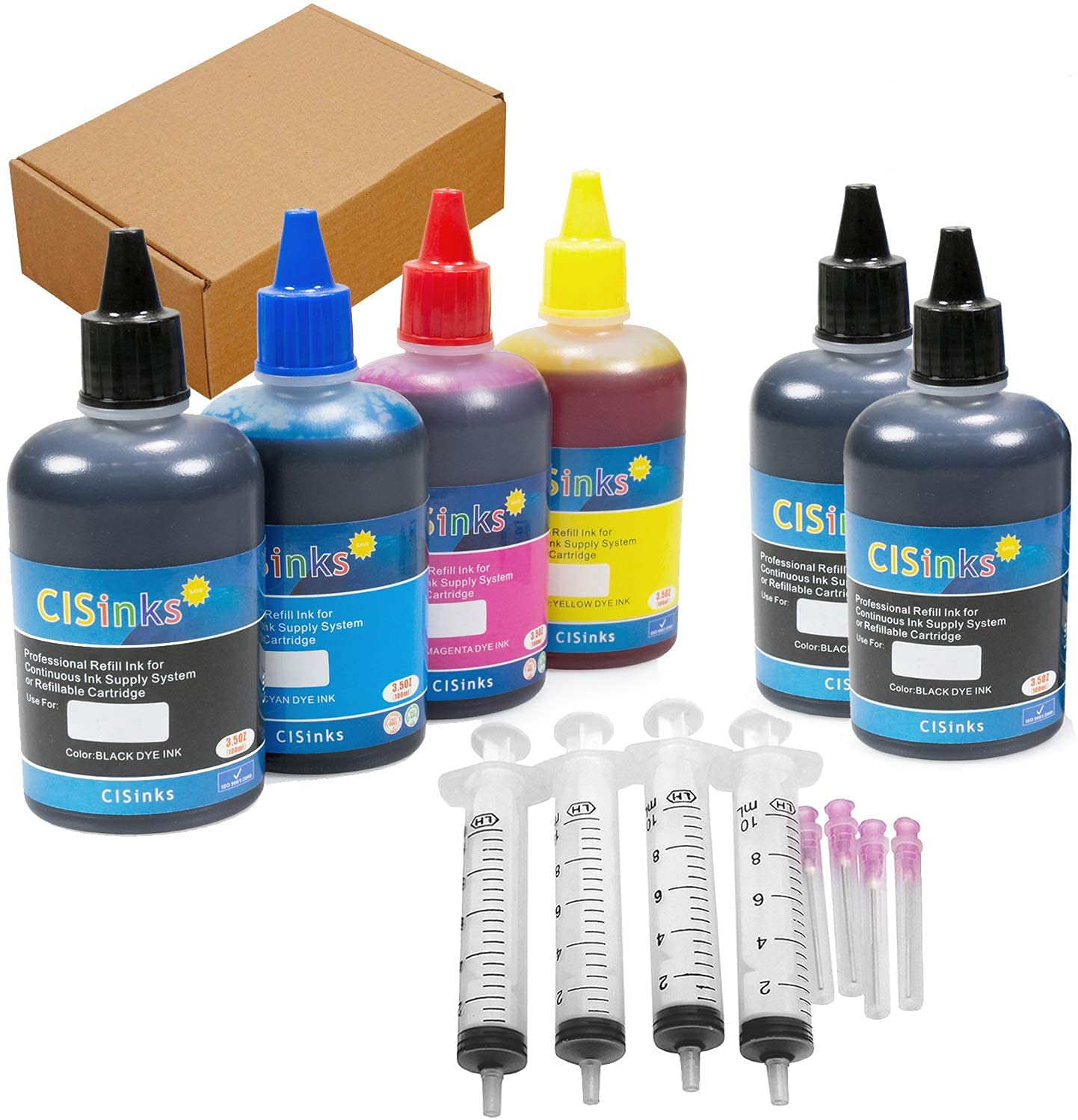 CISinks Standard Universal Black Refill Ink - 600 ml (16.9 oz) Dye-Based Ink for All Printers B, B, B, Y, M, C + Refill Tool Kits Blunt Injectors