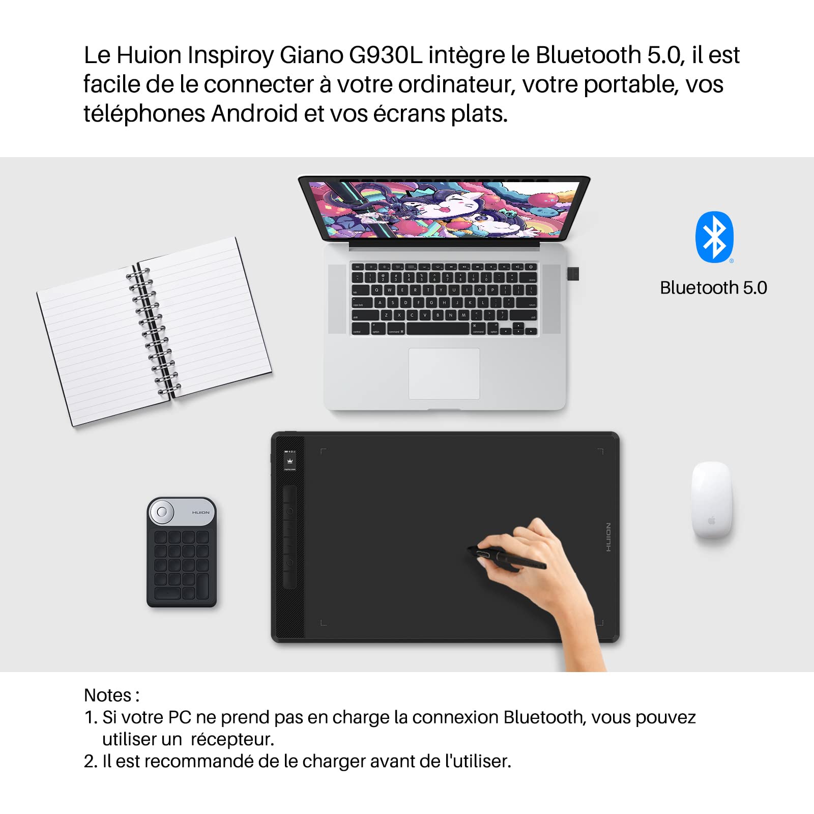HUION Inspiroy Giano G930L Tablette Graphique sans Fil, Tablette de Dessin Numérique Con Bluetooth 5.0, avec Stylet Passif + 6 Touches de Raccourci, Compatible avec Windows Mac Android Chrome OS