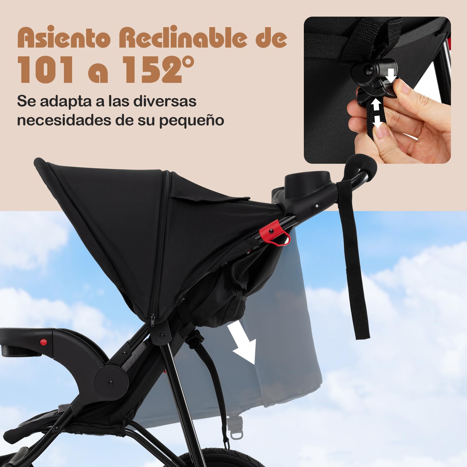 COSTWAY Silla de Paseo Ligera, Carrito Bebé Plegable con Dosel Ajustable, Asiento Reclinable, Bandeja Desmontable, Bolsa de Almacenaje y Ruedas Infladss, Carro para Bebés de 0 a 48 Meses
