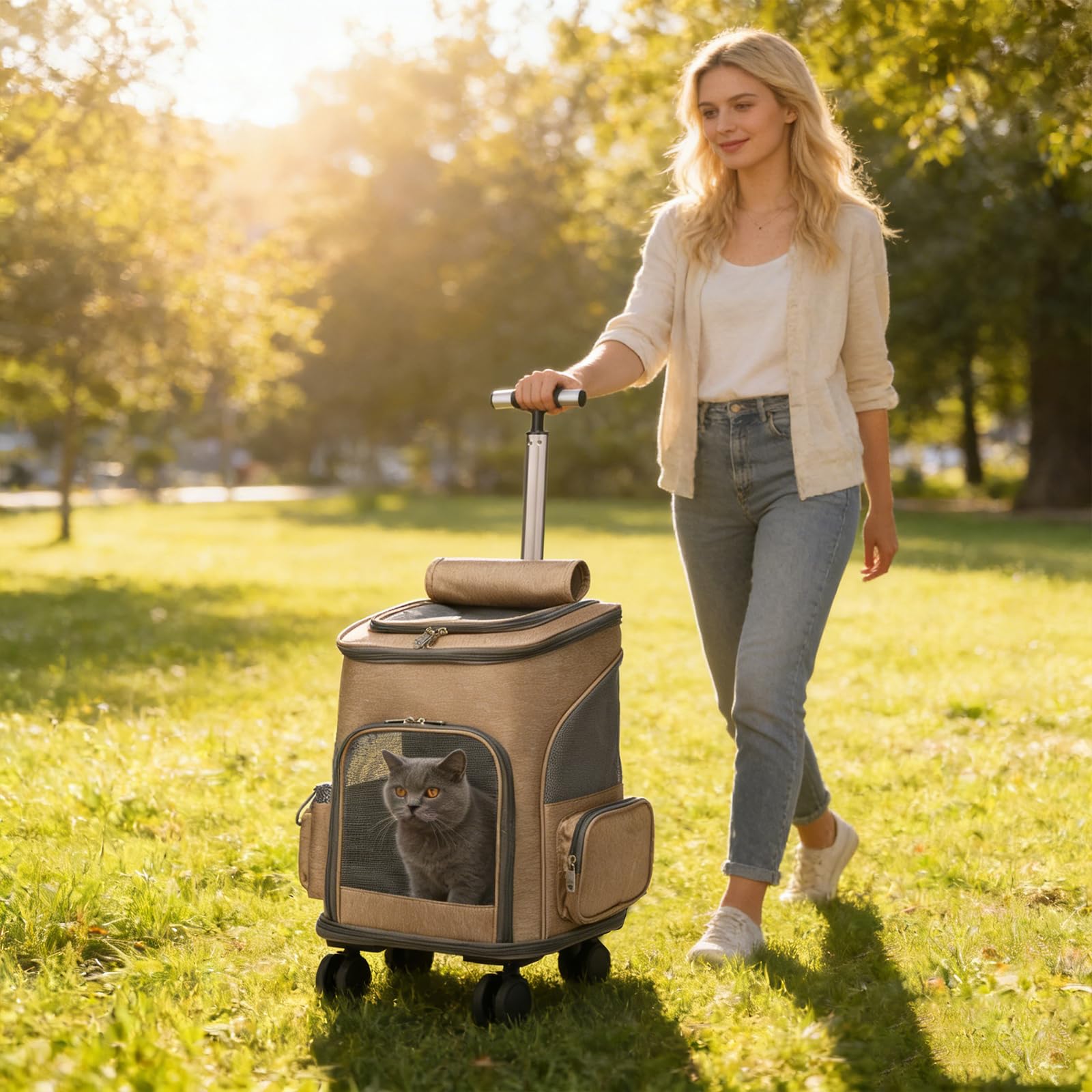 PETCUTE Transportín para Perros con Ruedas, Plegable,3 en 1 Mochila para Gatos con Mango Telescópico, Mochila para Mascotas con Malla Transpirable y Alfombrilla Extraíble,Carga Máxima 10kg,Caqui