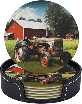 Drink Coasters Set of 6 Leather Absorbent Coaster with Holder Company Farm Tractor Coasters for Drinks Tabletop Protection Mug Mat Cup Pad Coffee Cup Coaster for Coffee Table Kitchen Bar Home Decor
