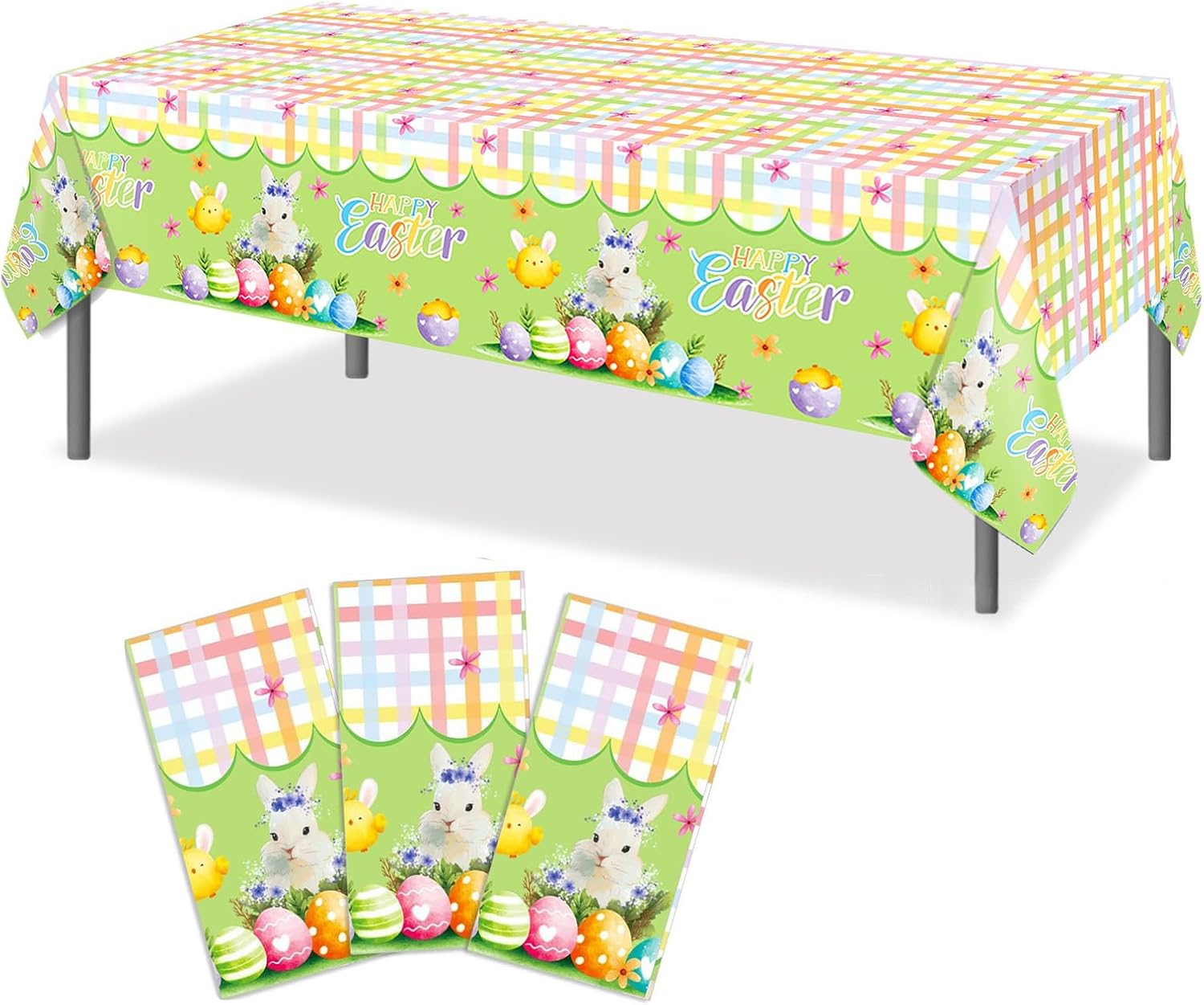 SHESRA Spring Egg Bunny Easter Tablecloth Themed Birthday Party Decor, 3Pcs Plastic 100% Waterproof Table Cover, Party Celebration for Dining Table, Buffet Parties and Camping, 51" x 87"