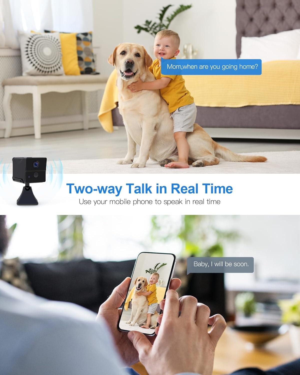 AOBOCAM A12 Mini Camera demonstrating two-way talk functionality, with a child and dog, and a person viewтелефондо.