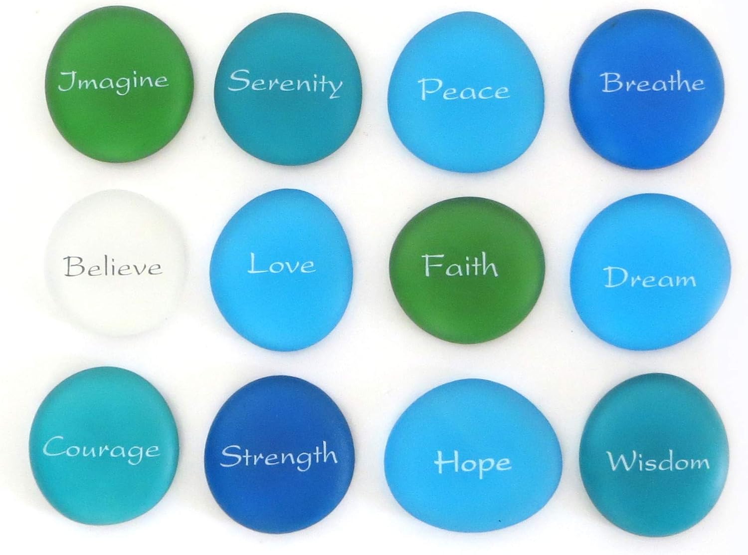 The Mermaid's Message, Frosted Inspirational Sea Glass Stones, Assorted, Twelve Empowering Words in Beach Colors, by Lifeforce Glass.