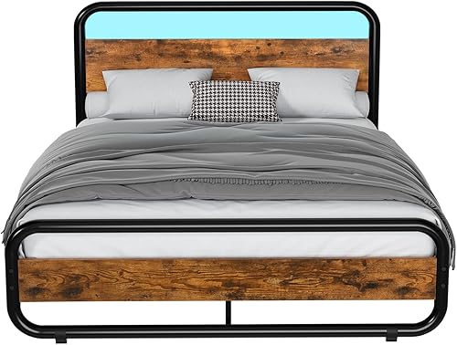 Miniatura 8 de HOMBCK Marco de cama de tamaño matrimonial marco de cama de tamaño matrimonial con cabecera y estribo plataforma ovalada resistente con soporte de