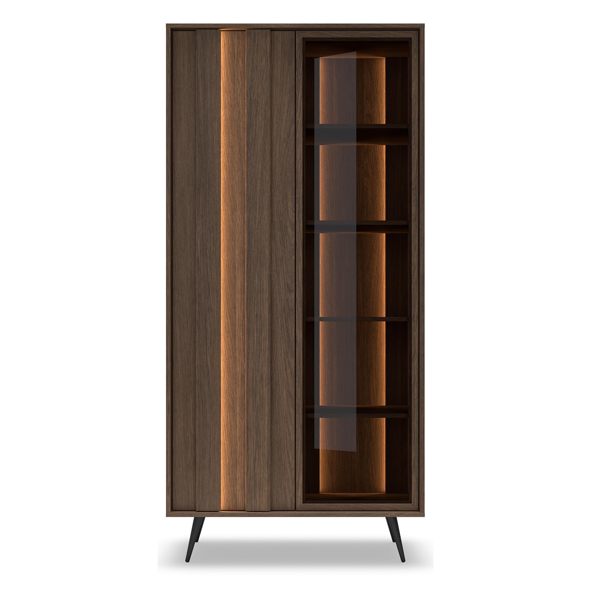 Dmora Vitrina Turkoglu 94 x 40 x 196 (alt) cm, marrón nogal, 8 estantes, 2 puertas, mueble expositor con LED
