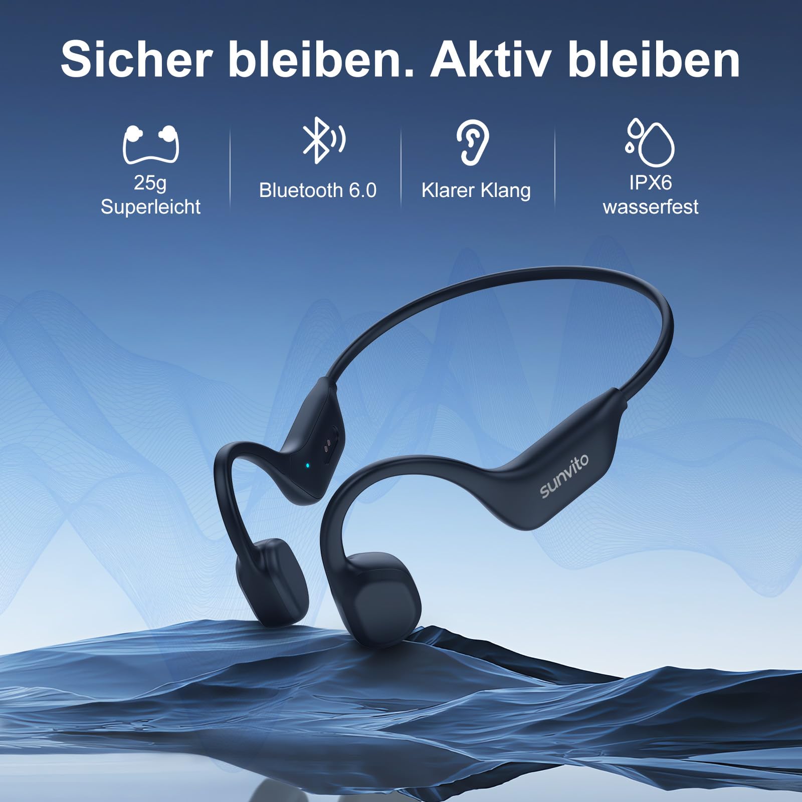 Knochenschall Kopfhörer Bluetooth 6.0, offene Bluetooth-Funkkopfhörer für Sport, wasserdichte, leichte Ohrhörer mit Ohrstöpseln für Laufsport, Fitnessstudio, Radfahren, schwarz