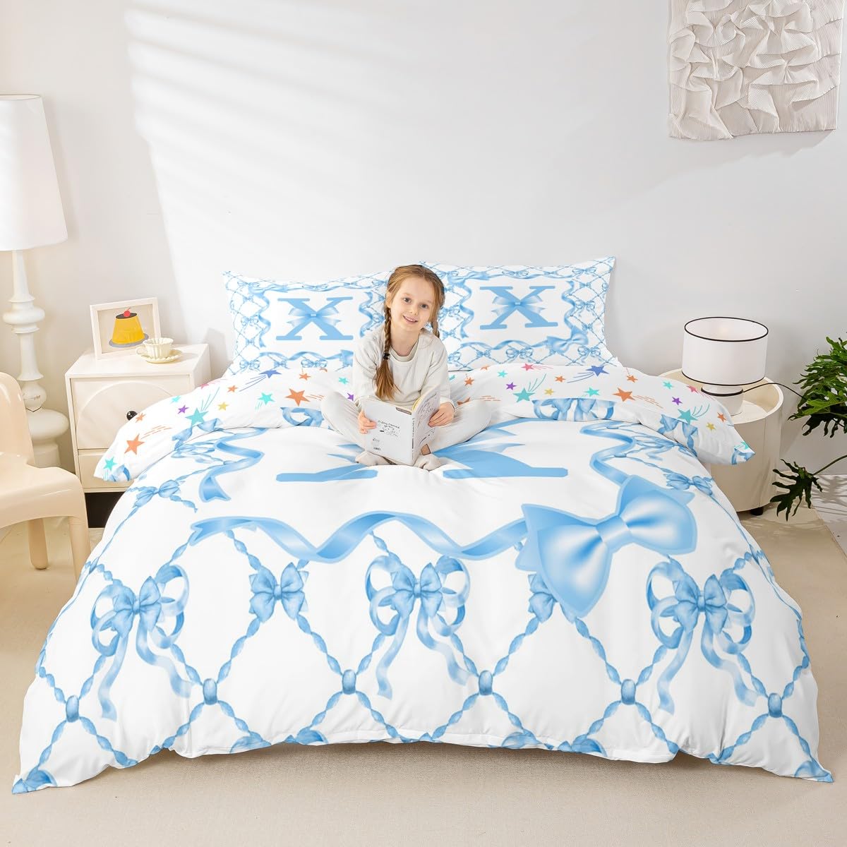 Homewish Juego de funda de edredón azul con lazo de coqueta tamaño King para niñas adolescentes | Juego de funda de edredón infantil con letra inicial X, bonito lazo, juego de ropa de cama coquette