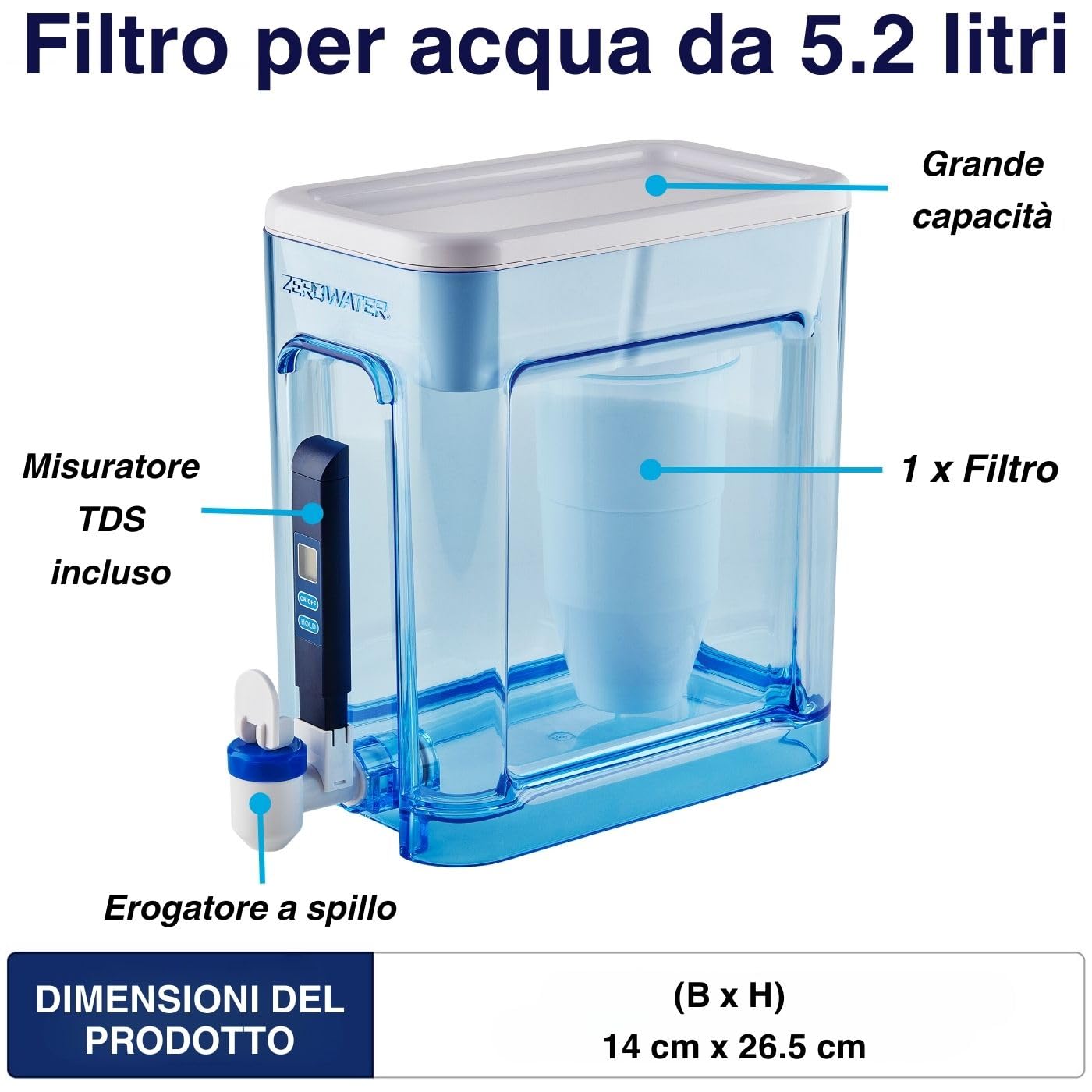 ZeroWater Distributore di filtro dell'acqua a 5 stadi pronto da leggere da 22 tazze con lettura istantanea - Certificato TDS IAPMO 0 per ridurre piombo, cromo e PFOA/PFOS