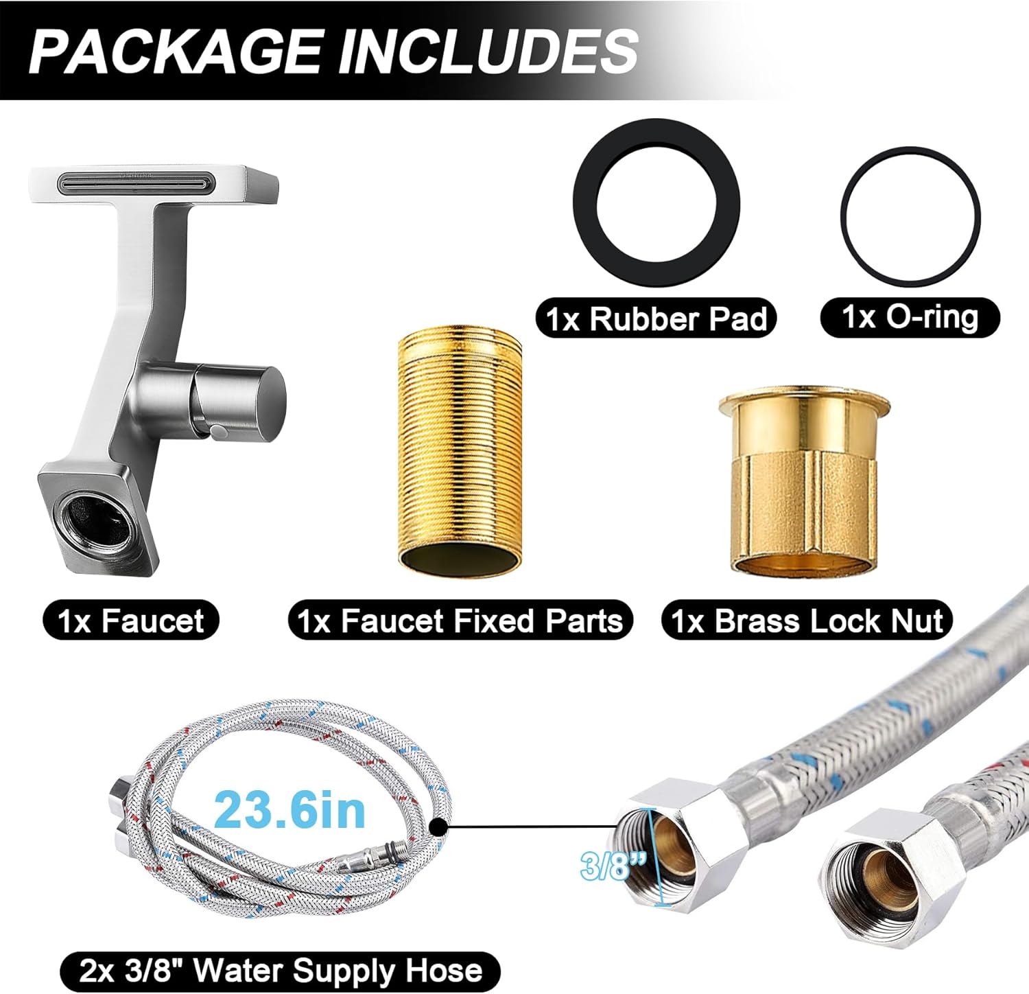 BAKALA Bathroom Sink Faucets Brushed Nickel, Waterfall Bathroom Faucet 1 Hole, Single Handle Brass Bathroom Faucet Deck Mount with 2 Supply Hoses for Basin Lavatory Vanity - Image 9