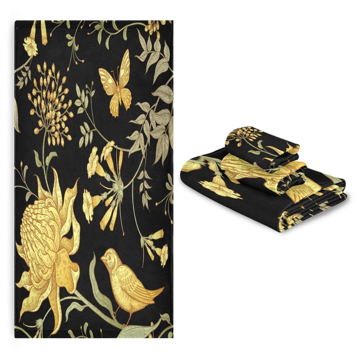 Vnurnrn Flor Amarilla Pájaro Dorado Juego de Toallas para Baño Playa Toalla (1 Toalla de Baño y 1 Toalla de Mano y 1 Paño de Lavado) para Nadar Niñas Niños