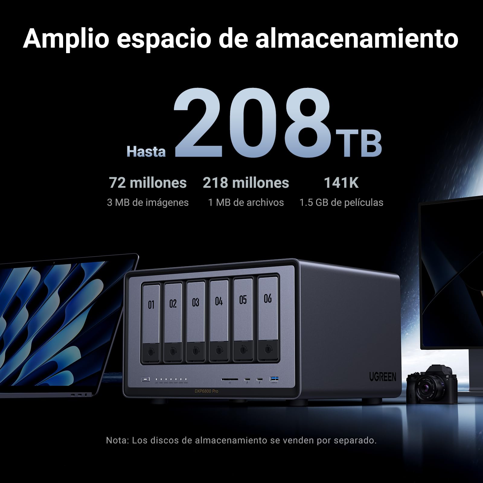 UGREEN NASync DXP6800 Pro, NAS de Escritorio de 6 bahías, CPU Intel i5 1235u de 10 núcleos, 8 GB de RAM DDR5, SSD de 128 GB, 2 Ranuras 10 GbE, 2 Ranuras M.2 NVMe, HDMI 8K, 2 TBT4 (sin Disco)