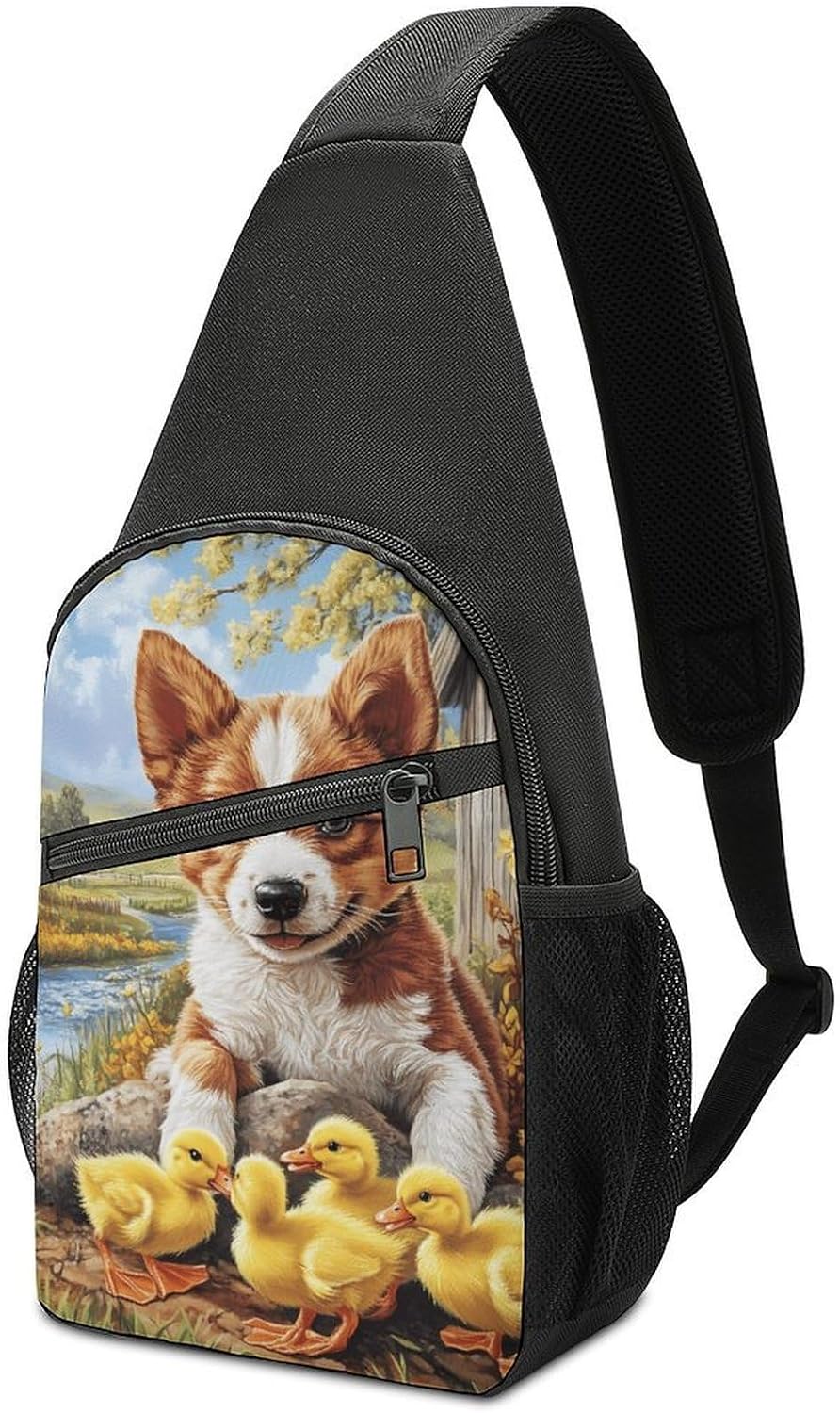 Puppy Dog Yellow Ducklings Crossbody Sling Backpack Chest Bag Daypack | unisex,trendy,with convertible and detachable shoulder strap,side pockets