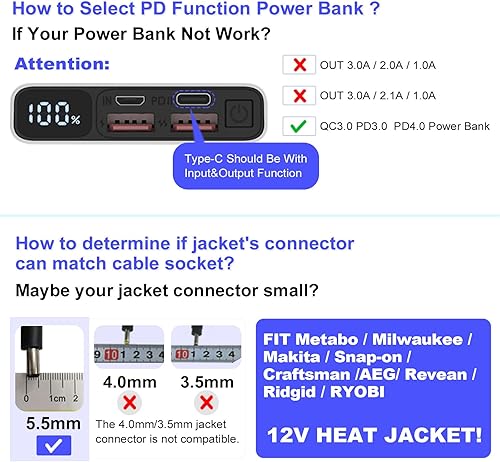 Miniatura 6 de Heated Jacket Adapter Charger USB Plug Cable for Milwaukee, Revean, Snap-on, Metabo, Craftsman, AEG, Makita (Easy for Travelling and Outdoor)
