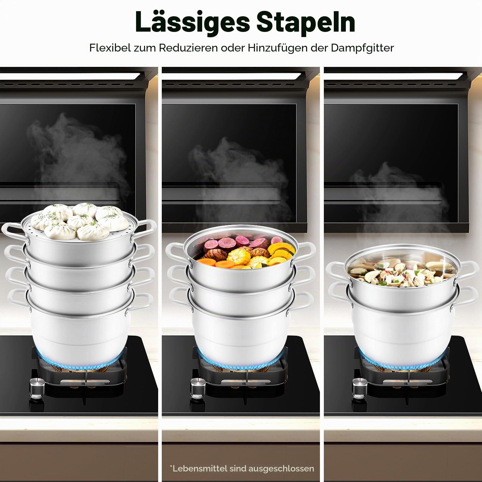 5 Etagen Dampfgarer Edelstahl 304 Stackbar, 9L Dampfkochtopf mit Glasdeckel, Mantowarka Gardampftopf, Großvolumen Dämpfeinsatz, für Induktion, Gasherd