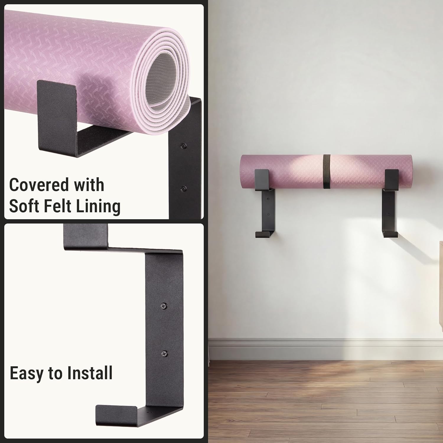 Yoga Mat Holder with Protective Padding Wall Mount Steel Storage Rack, 2 Tier Adjustable Width Hanger for up to 4 Foam Rollers, Easy Installation