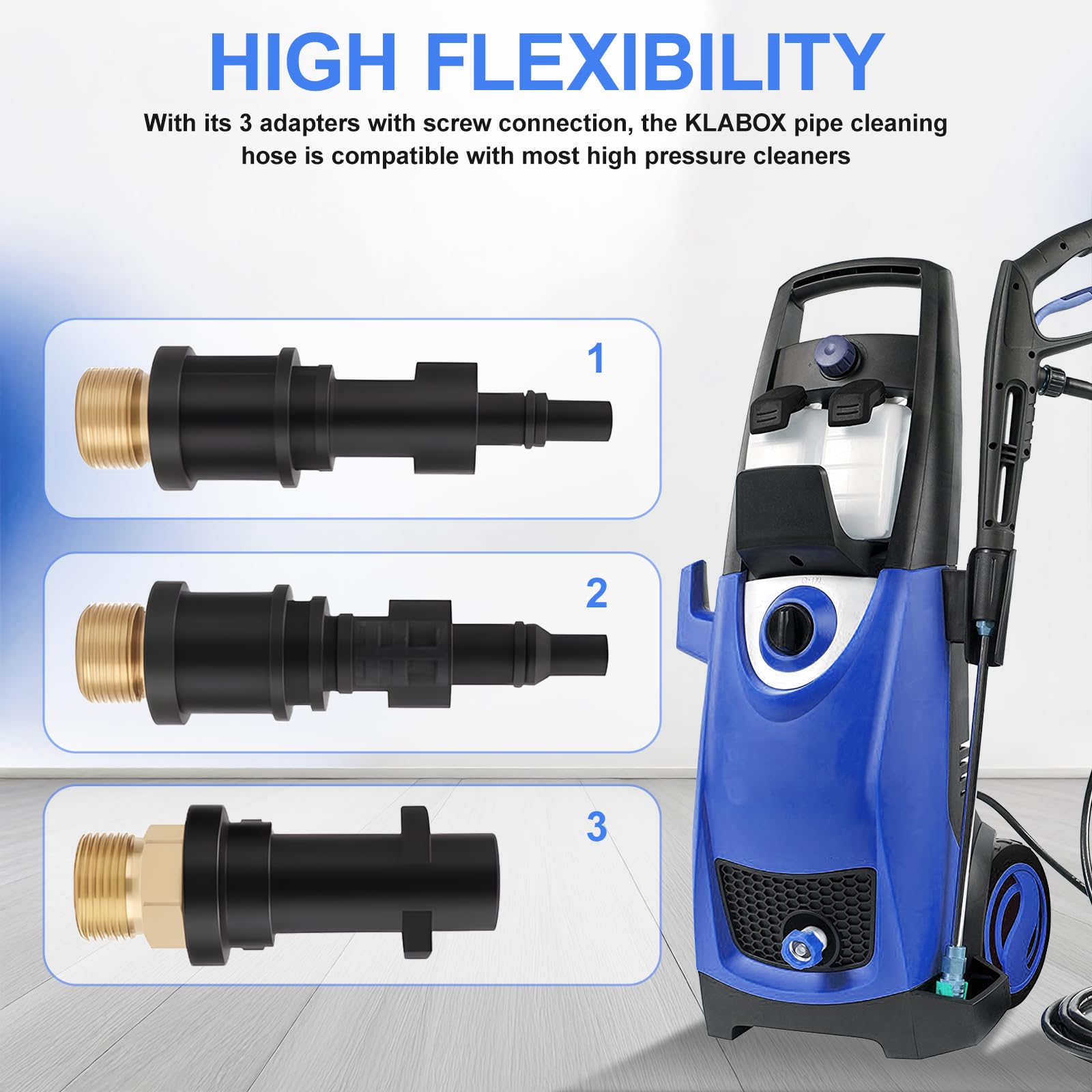 Universal Rohrreinigungsschlauch Set 15 m manguera de repuesto | compatible con Karcher K2 K3 K4 K5 K6 K7, para Lavor para Bosch para Parkside, incluye 3 adaptadores, 2 boquillas y 1 cinta