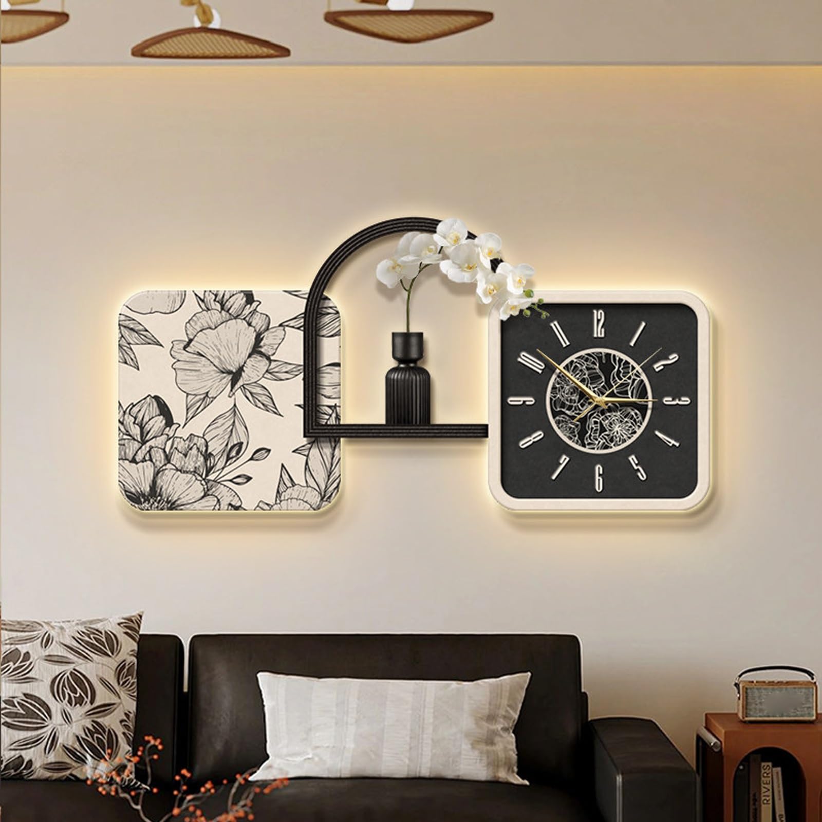 ITOSUI Decorative Creative Wall Clock with LED Light,Multifunctional 3D Wall Hanging Painting Modern Art with Glass Vase,Silent Non Ticking,for Living Room Bedroom Dining Room(White,47.2 * 23.6")
