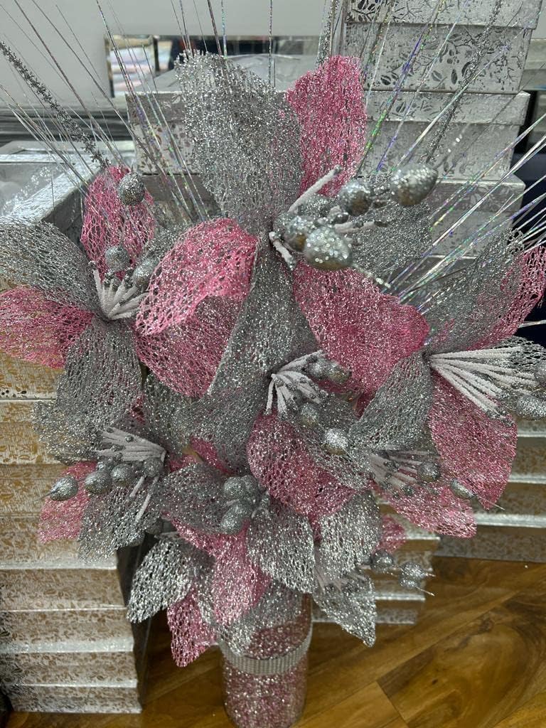 JAYOGLA Artificial Glitter Silk Flower Bunch, 35 cm, for Vase, Home, Garden, Office Decoration (Pink + Silver, 30cm)